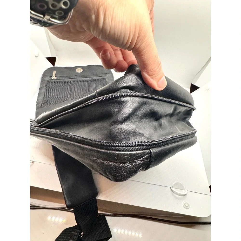 Black Leather Crossbody Sling Bag Multi Pocket Utility Messenger Travel Bag